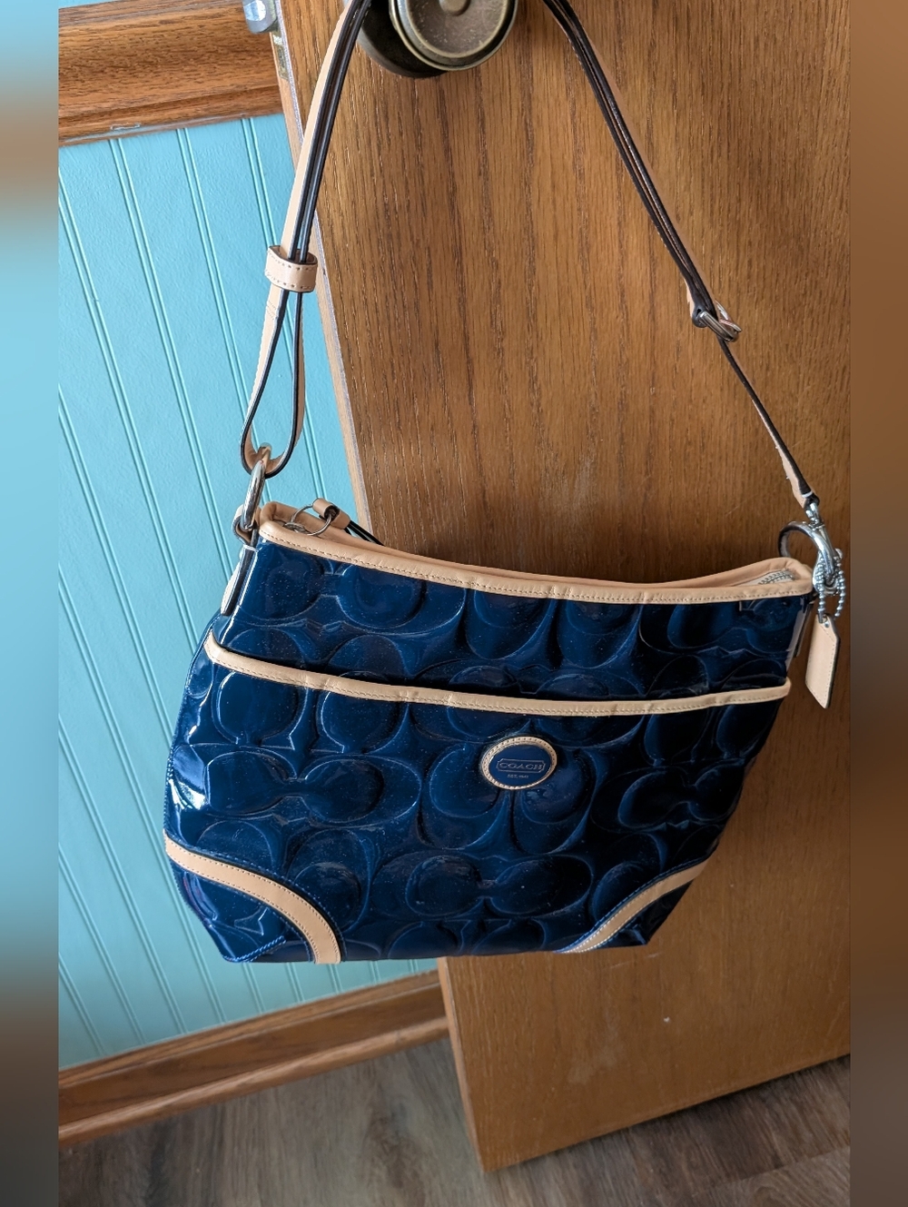 Coach Vintage Authentic Blue Patent Leather Shoulder Bag with Tan Trim